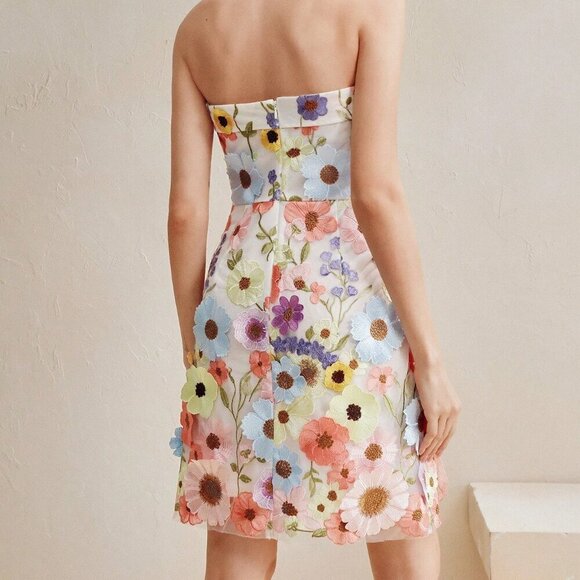 Pink Boho Women's 3d Floral Embroidered Mesh Bandeau Mini Dress - Picture 2 of 7